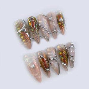 Luxury Iridescent Stiletto Press On Nails with Chrome Accents | Avant-Garde 3D Nail Art | Bling Chrome Embellishments