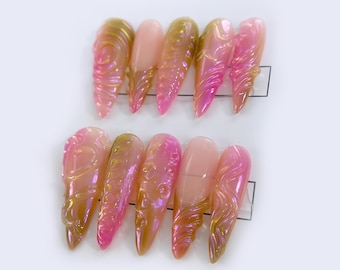 Unghie finte con effetto fiore 3D Ombre - Con sfumature rosa intenso e bordeaux con accenti grigi e strass - Unghie rosa