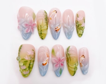 Koi Pond 3D Press On Nails, Elegant Lotus Flower & Water Ripple Fake Nails, Zen Nature Inspired Luxury Nails, Handmade Glue On Nails