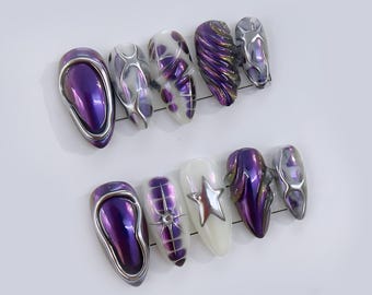 Futuristic Purple Chrome Press On Nails 3D Metallic Star Unique | Abstract Metallic Press Ons Iridescent Purple Chrome Star Accent