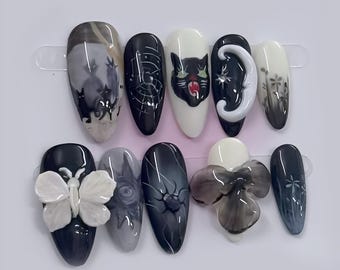 Gothic Black Cat Press On Nails 3D Butterfly Spooky Design | Halloween Theme Press on nails | Dark nails