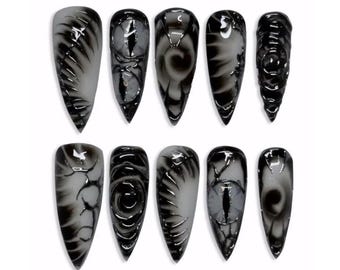 Unghie finte riutilizzabili con effetto stiletto lungo e effetto occhio di drago nero gotico - Unghie finte con effetto stiletto lungo e effetto occhio di gatto nero gotico - Y2K