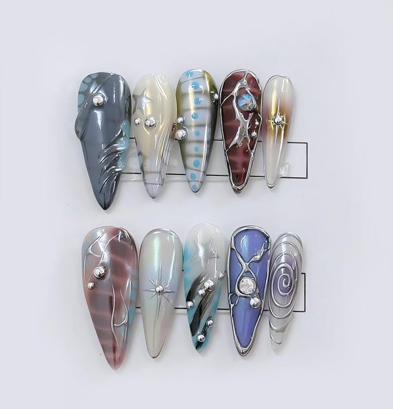 Iridescent Marble Press On Nails Almond Pearl Accents | Aura Quartz Press On Nail Pearl Swirl Elegant Long Almond Shape