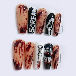 Spooky Bloody Drip Press On Nails Black Ghostface Scream Movie Vibe - Halloween Theme Press On Nail - Press Ons Bloody Drip Goth Emo Nails