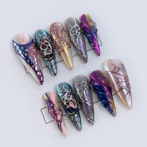 Unique Abstract Long Stiletto Press On Nails | Statement Multichrome & Chrome Effect | Gothic Sci-Fi Nail Art | Edgy Fantasy Nail Art