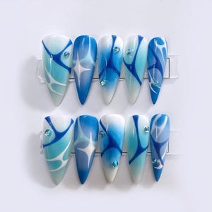 Blue Abstract Swirl Press On Nails with Rhinestones Long Stiletto | Blue Press on nails