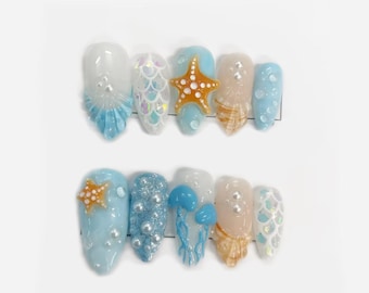 Ocean Theme Press On Nails Mermaid Starfish False Nails 3D Shell Pearl Glue On Nails Beachy Summer Nail Set