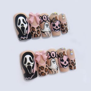 Spooky Ghost Leopard Press On Nails with Pink Bow and Pumpkin - Halloween Theme Press On Nail - Halloween Ghostface Leopard Print