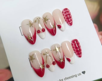 Unghie finte rosse ciliegia e stelle dorate / French tip a forma di cuore e arte con bolle sanguinanti / Graziosa forma a mandorla Y2K / Set di gel riutilizzabile fatto a mano