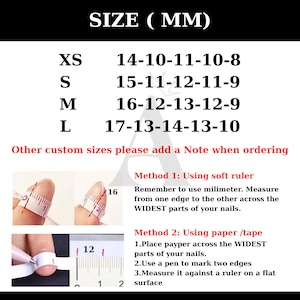 May include: A guide for nail sizing, featuring size charts and measurement methods. The chart displays sizes XS to L with corresponding millimeter measurements. Instructions include using a soft ruler or paper/tape to measure nail width.