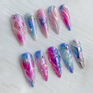 Holographic Galaxy Planet Press On Nails | 3D Swirls, Saturn Charm & Silver Stars | Cyber Y2K Pink Blue Stiletto Handmade Gel Set