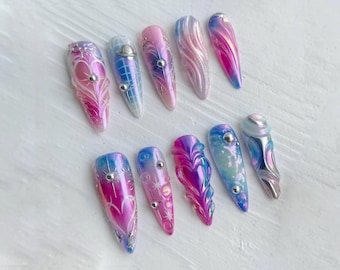 Holographic Galaxy Planet Press On Nails | 3D Swirls, Saturn Charm & Silver Stars | Cyber Y2K Pink Blue Stiletto Handmade Gel Set