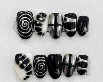 Schwarz Weiß Silber Swirl Presse auf den Nägeln Abstrakte Kunst falsche Nägel Einzigartiges Design Kleber auf den Nägeln Trendy Maniküre Y2K Ästhetischer Nagel-Set