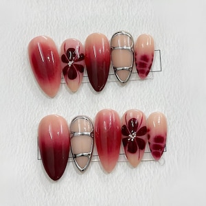 Red Ombre Floral Press On Nails Silver Accent False Nails Elegant Glue On Nails Botanical Design Chic Nail Art Set