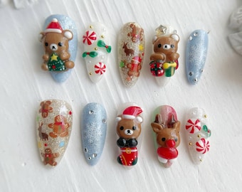 Unghie finte kawaii natalizie / Renna 3D, omino di pan di zenzero e bastoncino di zucchero / Set di gel fatto a mano con mandorle per le feste invernali
