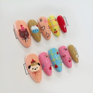 Colorful Cartoon Press On Nails Cute Bear Dog Birthday Theme Almond Shape