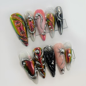 Iridescent Silver Abstract Press On Nails Futuristic False Nails 3D Chrome Accent Glue On Unique Nail Set