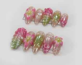 Iridescent Pink Green Floral Press On Nails Elegant False Nails 3D Flower Pearl Glue On Nails Whimsical Fairy Nail Set