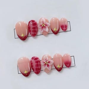 Kirschblüte Press On Nails, Pink und Rot Ombre Fake Nails mit 3D Blume, Handgemachte Y2K False Nails, Cute Nail, Kawaii Nail Art