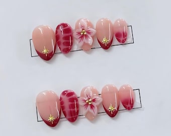 Paznokcie z nadrukiem Cherry Blossom, różowe i czerwone ombre z kwiatami 3D, ręcznie robione sztuczne paznokcie Y2K, urocze paznokcie, kawaii nail art