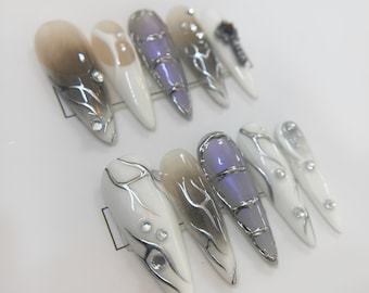 Silver Chrome Abstract Press On Nails Futuristic False Nails Gem Accent Glue On Nails Unique Modern Nail Art Set
