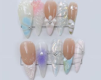 Elegant 3D Pearl - Flower Nail Art - Delicate Press-On Nails with Iridescent Finishes & Sparkly Accents for a Dreamy Manicure - Summer nails