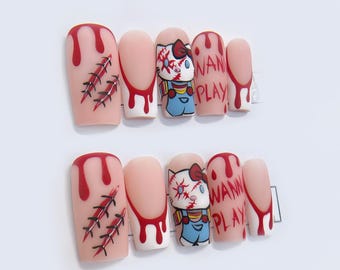 Unghie finte Stitched Kitty, unghie gocciolanti insanguinate, atmosfera spettrale Y2K - Unghie finte a tema Halloween - Hello Kitty Halloween