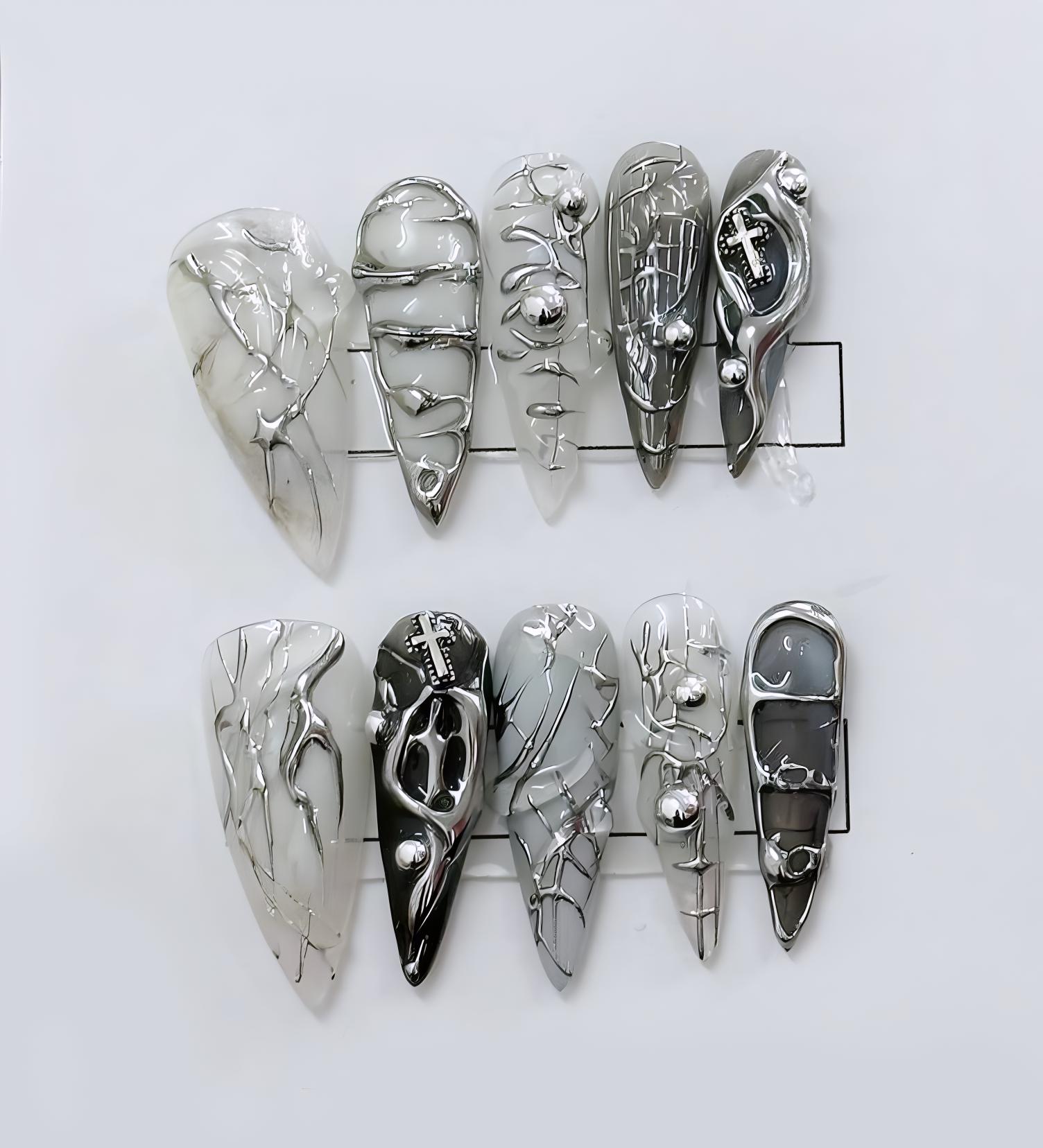 Avant-Garde Chrome & Marble Nail Art - Edgy 3D Silver Sculpted Press On Nails with Industrial Gothic Vibes - Y2K nails