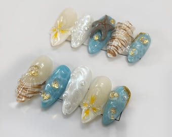 Zeeschelp parel druk op nagels Oceaan thema kunstnagels 3D-schelp gouden vlok lijm op nagels Beachy zomernagelset