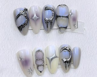 Futuristic 3D Chrome - Iridescent Nail Art - Edgy Press On Nails with Sculpted Metallic Designs & Star Accents - Silver nails