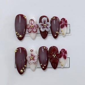 Elegant Burgundy Ombre 3D Flower Nail Art - Sophisticated Press On Nails with Rhinestone Accents & Floral Designs