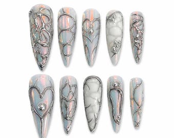 Iridescent Silver Chrome Press On Nails Liquid Metal False Nails Abstract Heart Glue On Nails Futuristic Unique Nail Set