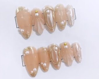 Pearl Gold Accent Press On Nails - Elegant Wedding Nails - 3D Pearl Design Glue On Nails Chic Bridal Inspired Nail Set