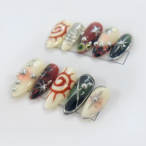 Colorful Y2K Press On Nails Unique Abstract Swirl Star False Nails Silver Studs Glue On Trendy Nail Set image 2