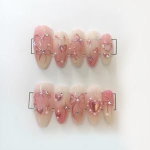Pink White Romantic Long Almond Press On Nails Heart Bow Rhinestone Glue On Elegant Valentine&#39;s Day Nail Set