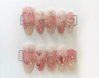 Pink White Romantic Long Almond Press On Nails Heart Bow Rhinestone Glue On Elegant Valentine's Day Nail Set