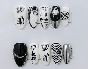 Uñas postizas con temática de Junji Ito, arte de uñas de terror manga de Tomie, uñas postizas en blanco y negro, uñas de anime pintadas a mano, manicura gótica espeluznante