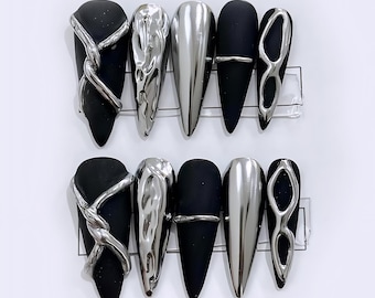 Edgy Black & Chrome 3D Nail Art - Futuristic Stiletto Press On Nails - Abstract Metallic Designs for a Bold Look - Silver Fantatic nails