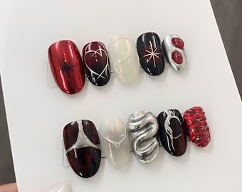 Red Black Silver Gothic Press On Nails Spooky False Nails Dark Grunge Aesthetic Glue On Nails Unique Halloween Nail Set