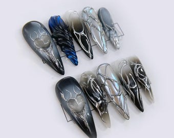 Unghie finte con effetto sfumato blu e grigio mistico / Stiletto lungo riutilizzabile / Design astratto 3D / Unghie finte con effetto fantasia oscura di lusso / Unghie Y2K