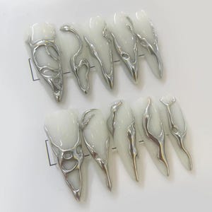 White Silver Chrome Press On Nails Liquid Metal False Nails Abstract Drip Glue On Futuristic Unique Nail Set