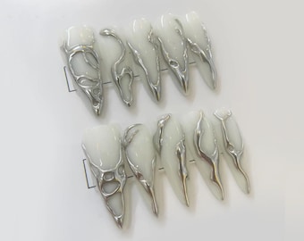 White Silver Chrome Press On Nails Liquid Metal False Nails Abstract Drip Glue On Futuristic Unique Nail Set