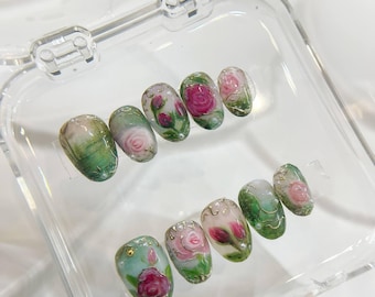 Unghie finte effetto vintage rosa / Stile acquerello dipinto a mano, marmo verde e bianco / Set in gel a forma di mandorla stile giardino vittoriano