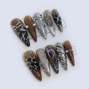 Statement Brown & Metallic Press On Nails | Futuristic Abstract Nail Art | Glamorous Reusable Manicure | 3D Silver Details Metallic Design