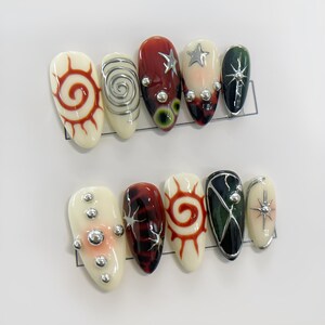 Colorful Y2K Press On Nails Unique Abstract Swirl Star False Nails Silver Studs Glue On Trendy Nail Set image 4