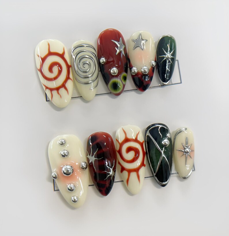 Colorful Y2K Press On Nails Unique Abstract Swirl Star False Nails Silver Studs Glue On Trendy Nail Set image 4