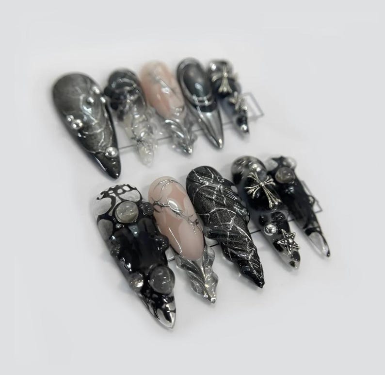 Black Silver Chrome Press On Nails Gothic False Nails 3D Cross Star Glue On Nails Edgy Punk Rock Nail Art Set image 1