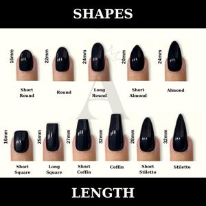 May include: Image showcasing various nail shapes and lengths, including Short Round, Round, Long Round, Short Almond, Almond, Short Square, Long Square, Short Coffin, Coffin, Short Stiletto, and Stiletto. Measurements are in millimeters.
