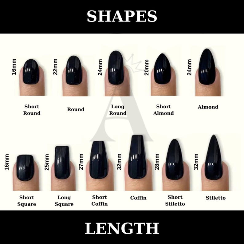 May include: Image showcasing various nail shapes and lengths, including Short Round, Round, Long Round, Short Almond, Almond, Short Square, Long Square, Short Coffin, Coffin, Short Stiletto, and Stiletto. Measurements are in millimeters.