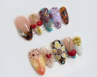 Summer Fruit Press On Nails Colorful Cherry Strawberry Long Lasting | Colorful Cherry Strawberry Press Ons Summer Fruit Design Long Wear